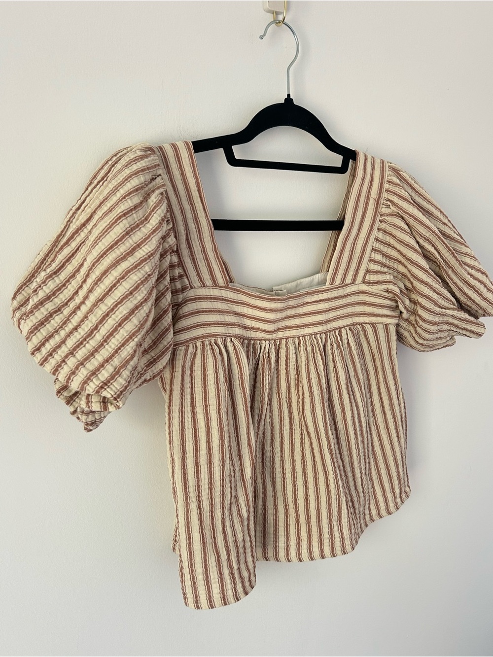 Everly Cream and Brown Striped Puff-Sleeve Square Neck Top